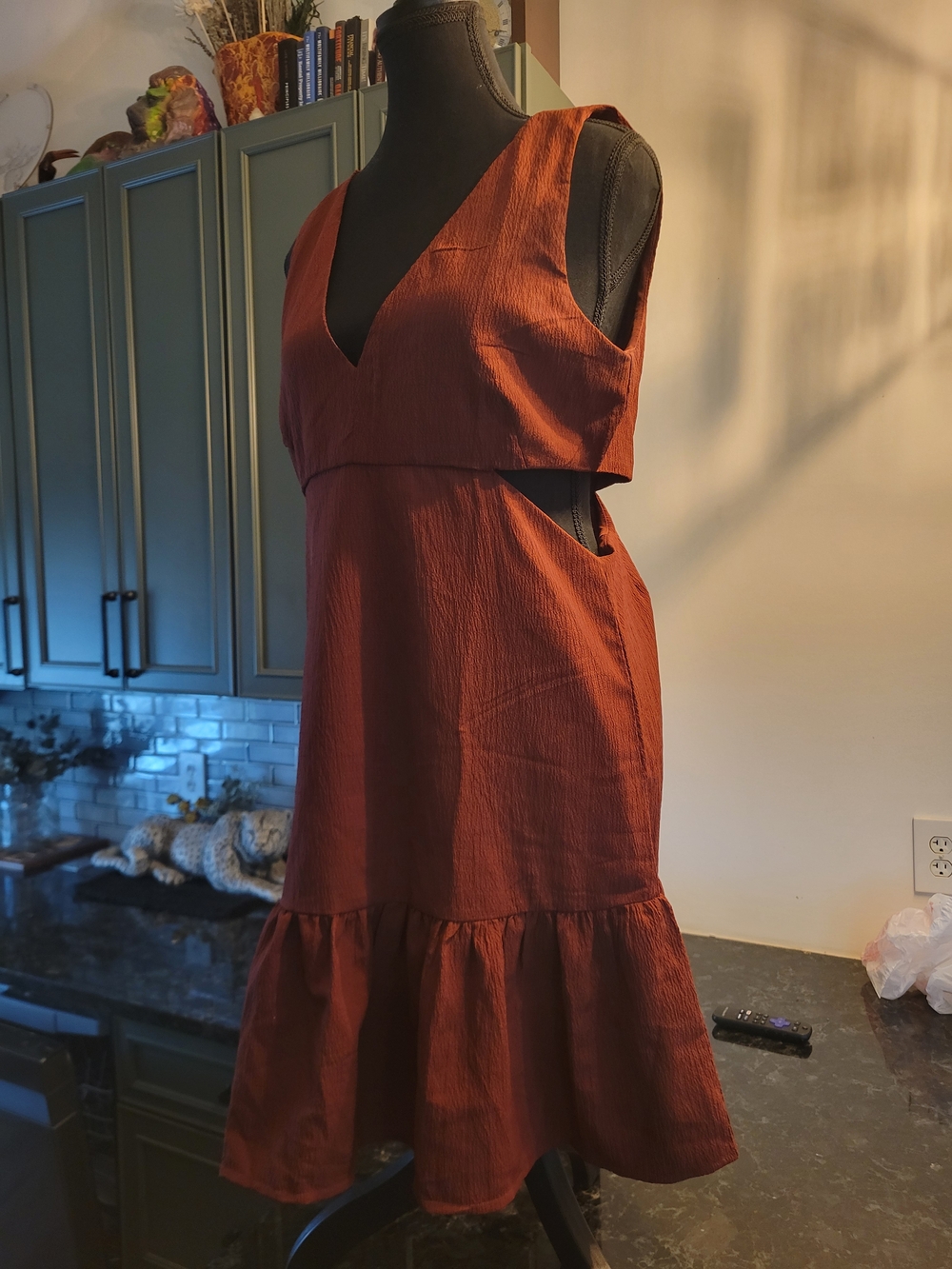 Rust Red V-Neck, Open Side, Ruffle Hem Dress